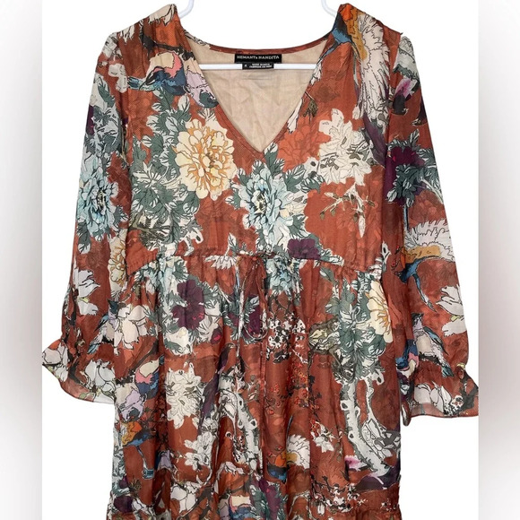 Hemant & Nandita Zeri Dress Size 4 Floral Boho Peasant Rust Orange Anthropologie - Picture 5 of 8